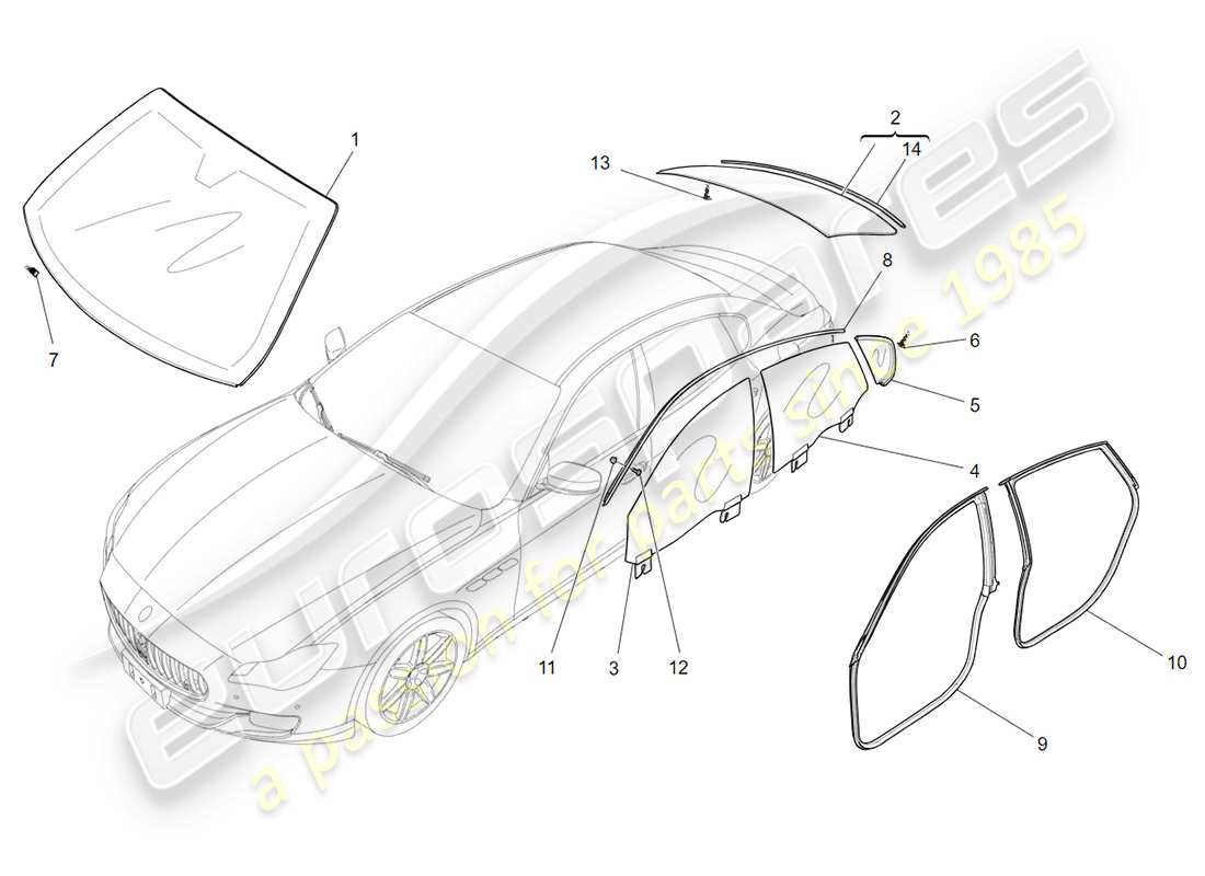 Maserati QTP 3.0 TDS V6 275HP (2015) VENTANAS Y BANDAS DE VENTANAS Diagrama de piezas