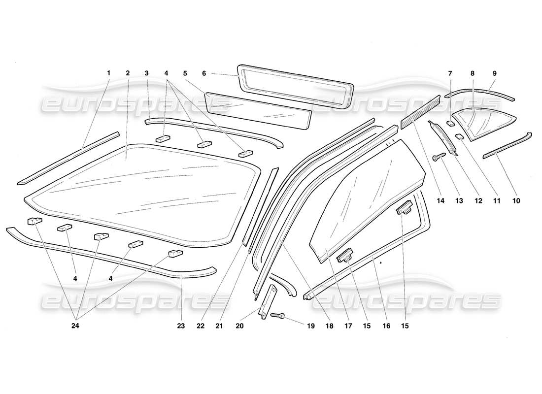 Lamborghini Diablo VT (1994) ventanas Diagrama de piezas