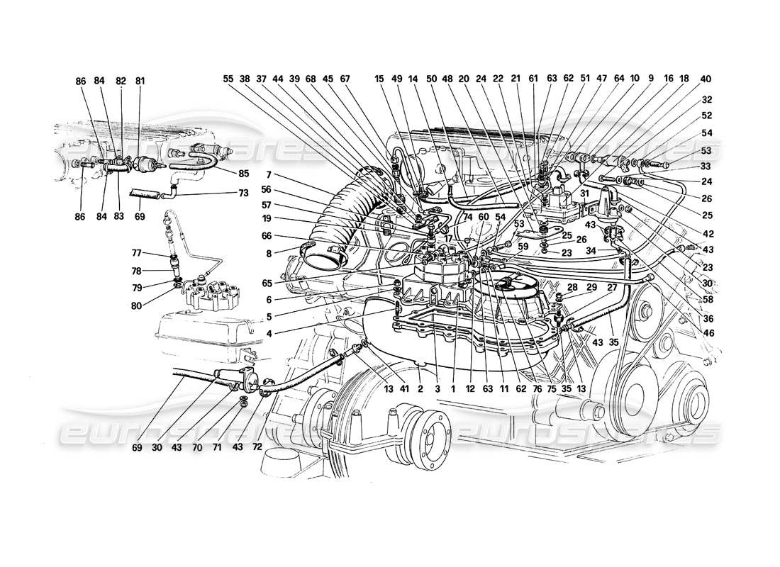 Ferrari 308 Quattrovalvole (1985) Sistema de inyección de combustible: distribuidores de combustible, líneas Diagrama de piezas