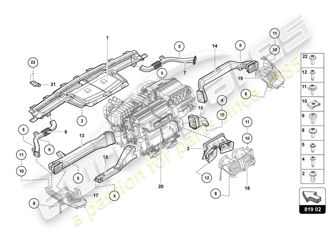 Lamborghini LP740-4 S COUPE (2018) CANAL DE GUIA AEREA Diagrama de piezas