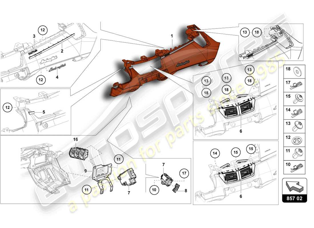 Lamborghini LP740-4 S ROADSTER (2018) TABLERO DE INSTRUMENTOS Diagrama de piezas