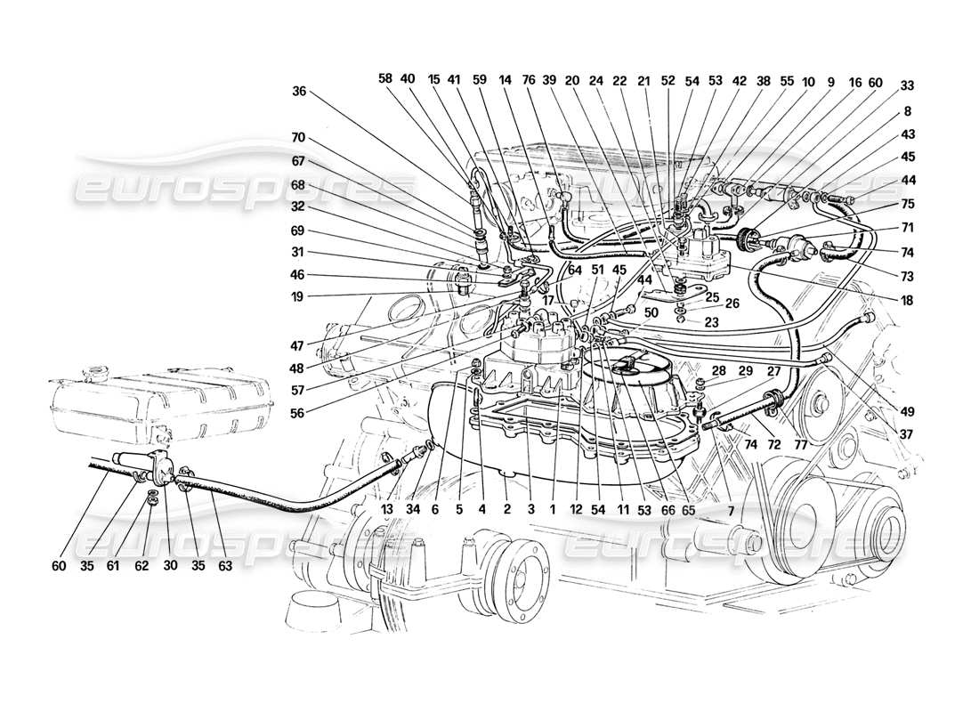 Ferrari 328 (1988) Diagrama de piezas de líneas de distribuidores de combustible (no para la versión de EE. UU.)