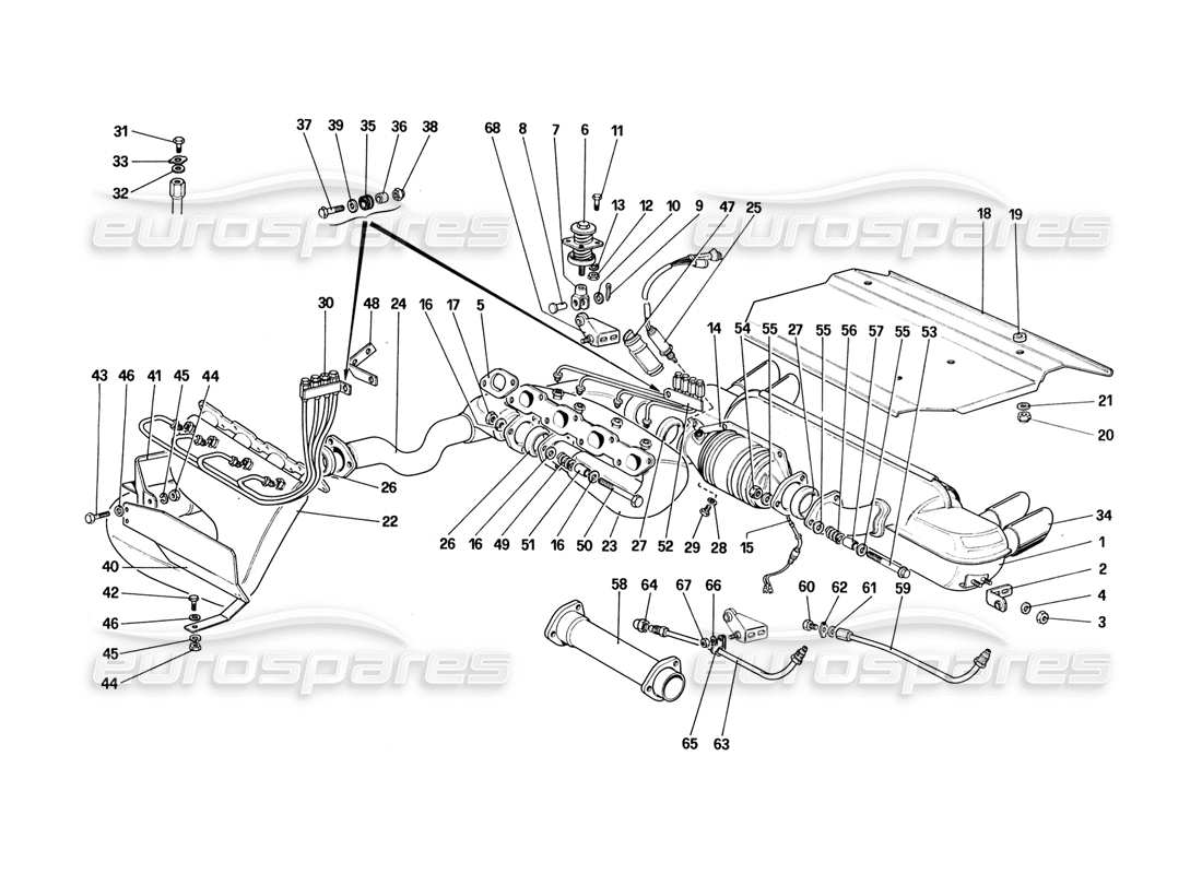 Ferrari 328 (1988) Diagrama de piezas del sistema de escape (para EE. UU., SA, versión CH87 y CH88)