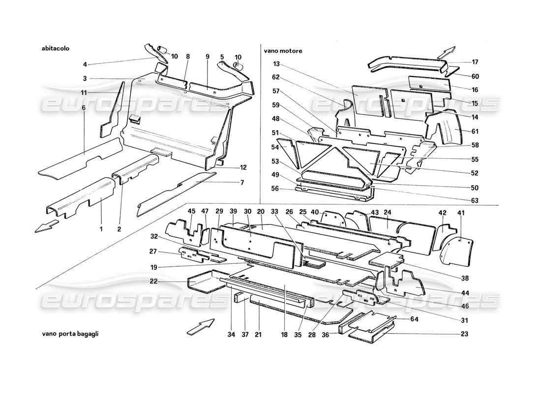 Ferrari 328 (1988) Diagrama de piezas de aislamiento del compartimento de pasajeros y equipaje (para CH87 - CH88)