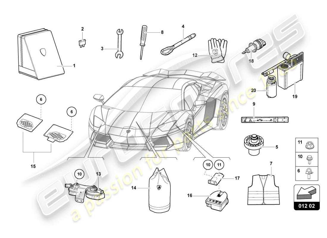 Lamborghini LP750-4 SV ROADSTER (2017) HERRAMIENTAS DEL VEHÍCULO Diagrama de piezas