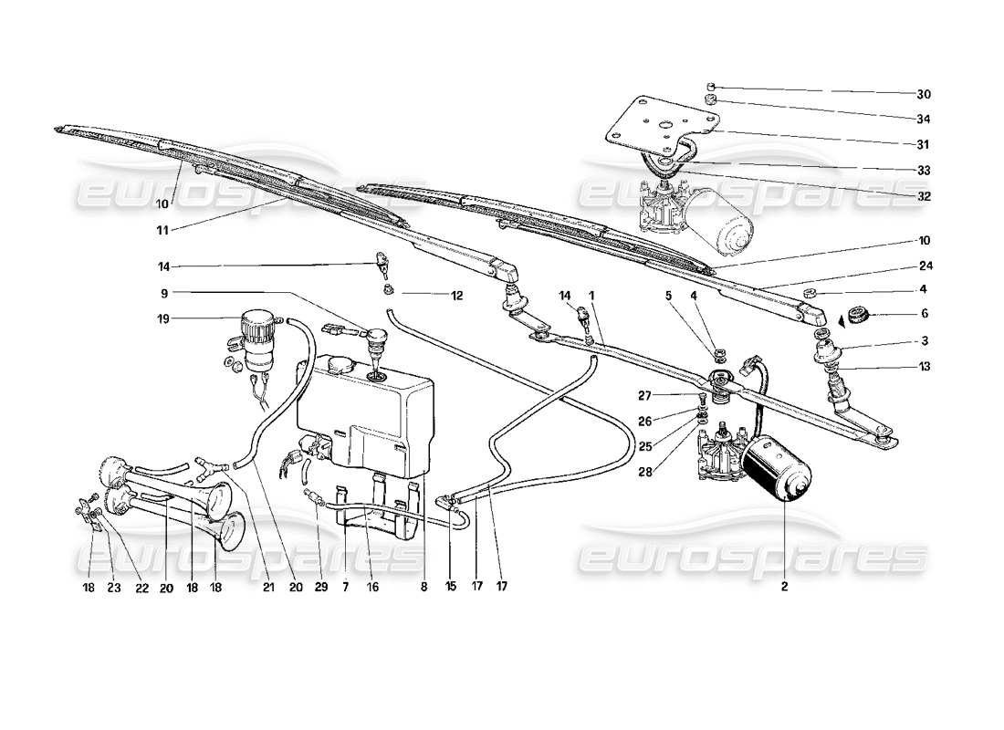 Ferrari Mondial 3.2 QV (1987) Limpiaparabrisas y bocinas Diagrama de piezas