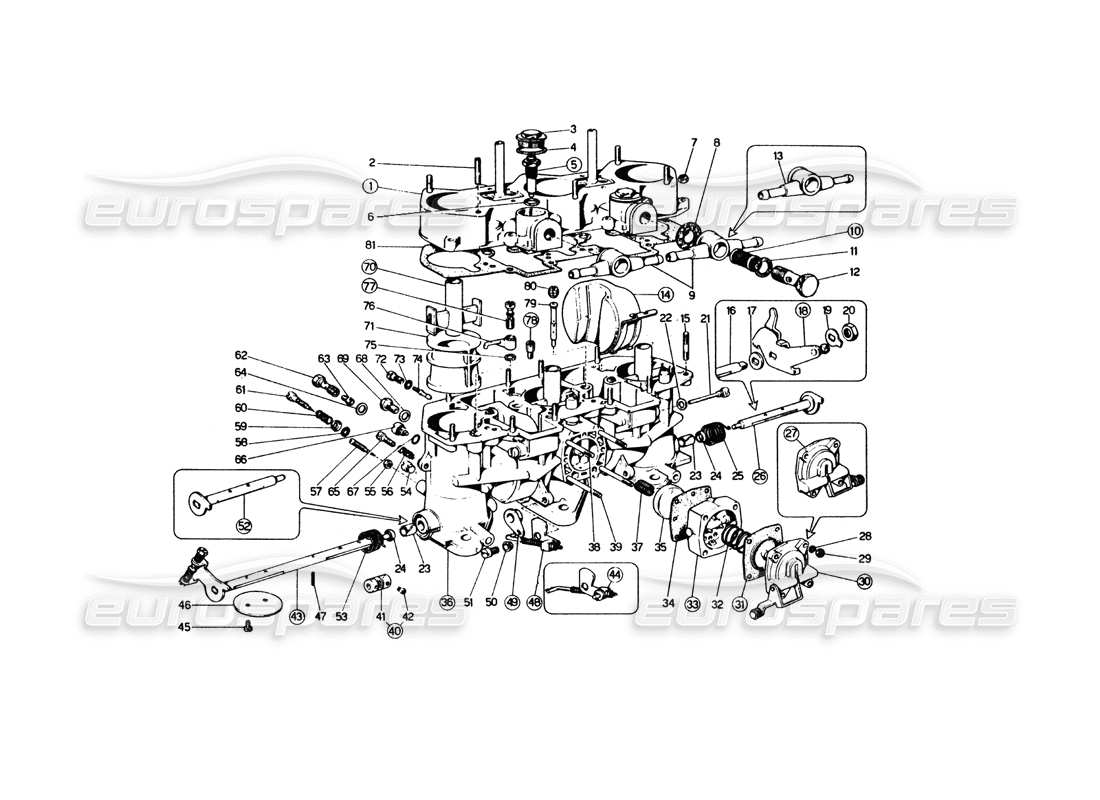 Ferrari 365 GT4 Berlinetta Boxer Carburadores Weber (40 IF 3C 1-2-3-4) Diagrama de piezas