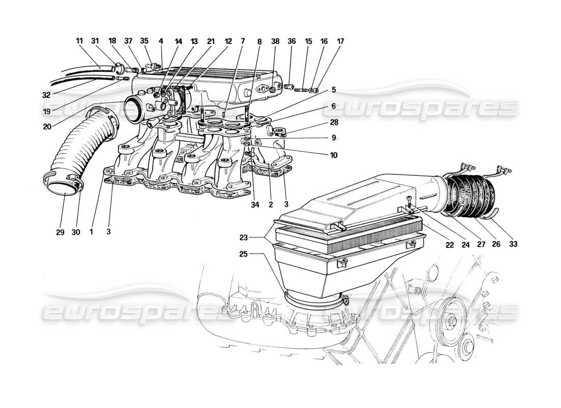 un diagrama de piezas del catálogo de piezas ferrari 328 (1988)
