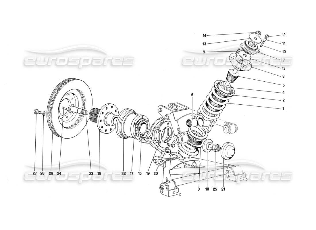 ferrari 288 gto suspensión delantera - amortiguador y disco de freno diagrama de piezas