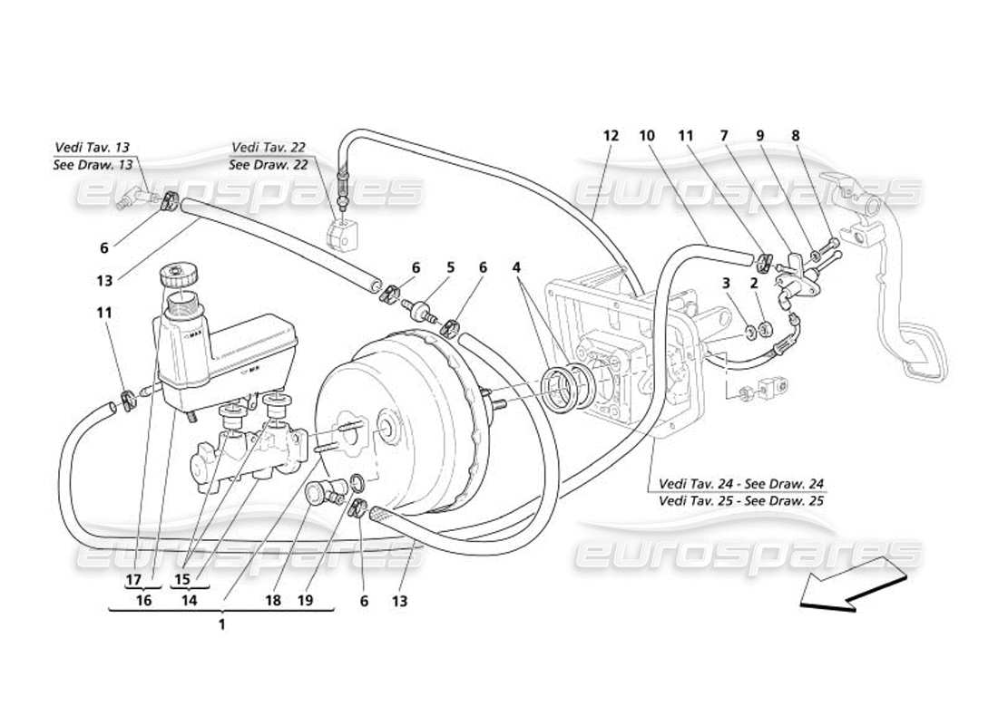 maserati 4200 spyder (2005) controles hidráulicos de frenos y embrague diagrama de piezas