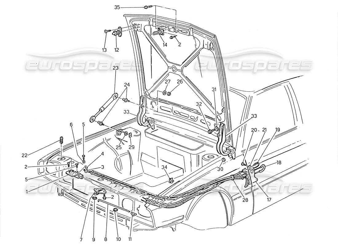 maserati 2.24v capó: diagrama de piezas de liberación del capó y bisagras