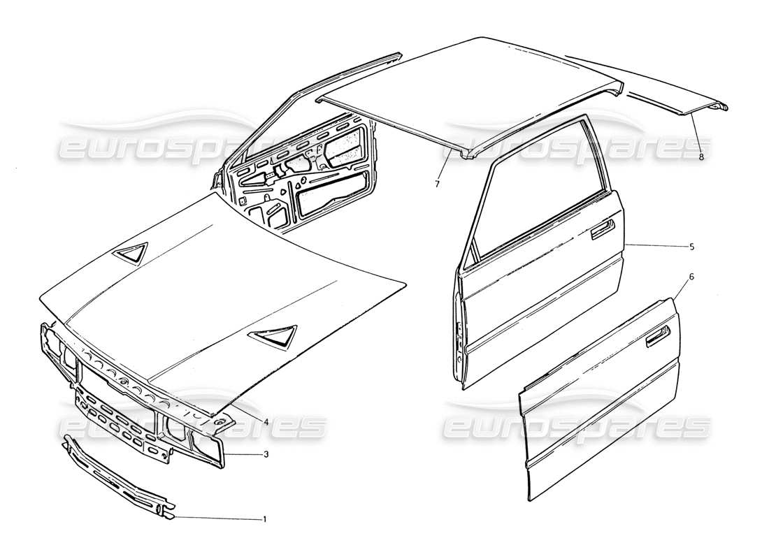 maserati 222 / 222e biturbo carrocería: panel frontal, panel de techo, puertas, diagrama de piezas de la tapa del maletero del capó