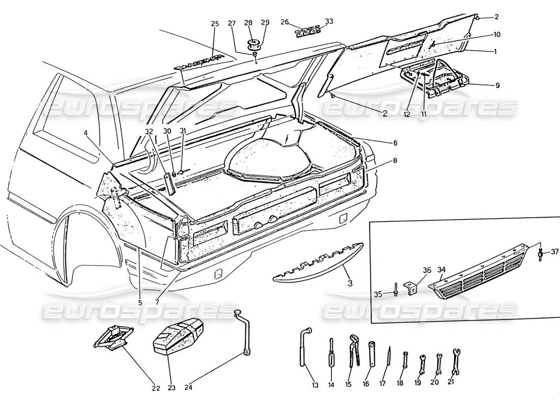 maserati 222 / 222e biturbo bota: diagrama de piezas de insignias, alfombras y herramientas