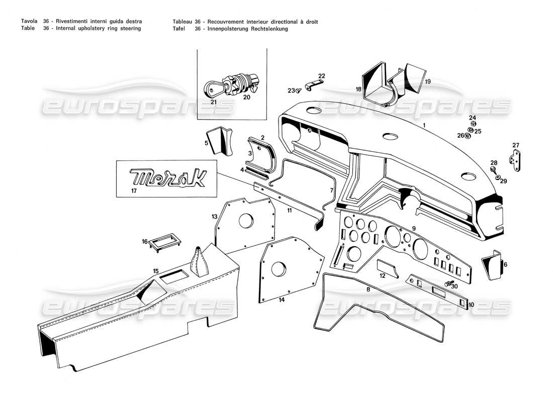 maserati merak 3.0 diagrama de pieza de dirección del anillo de tapicería interna