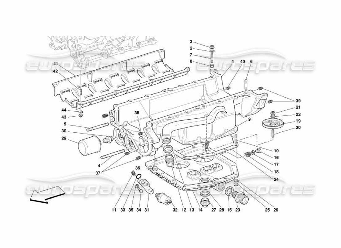 ferrari 550 barchetta lubricación: diagrama de piezas de filtros y cárteres de aceite
