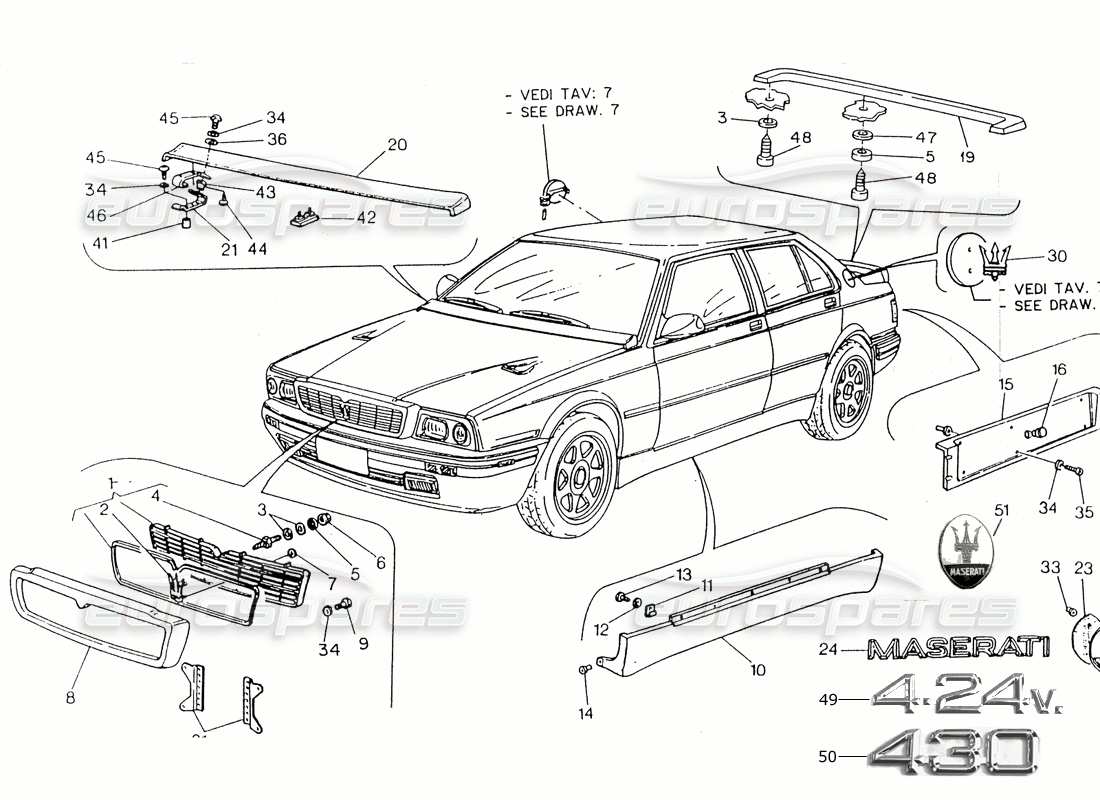 maserati 418 / 4.24v / 430 acabado externo diagrama de piezas