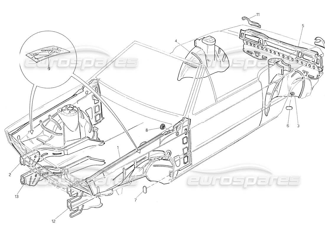maserati biturbo spider carrocería: diagrama de piezas de los paneles interiores