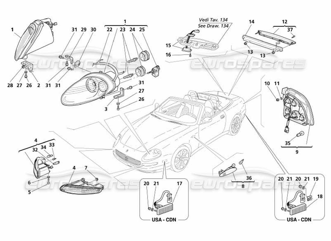 maserati 4200 spyder (2005) diagrama de piezas de las luces delanteras y traseras