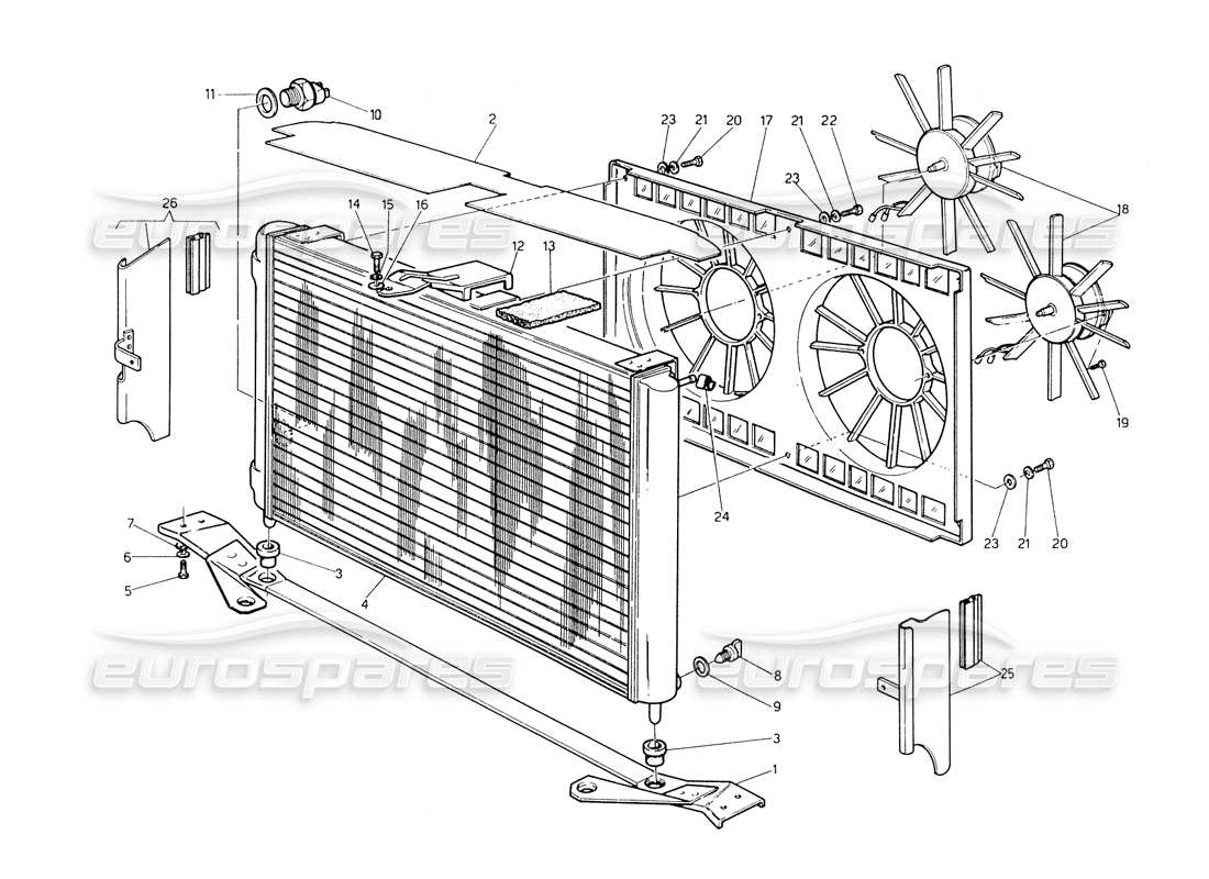 maserati biturbo spider diagrama de piezas del radiador y los ventiladores de refrigeración
