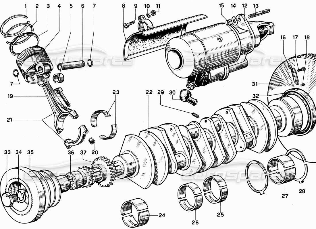 ferrari 365 gt 2+2 (mechanical) diagrama de piezas del cigüeñal, bielas y pistones