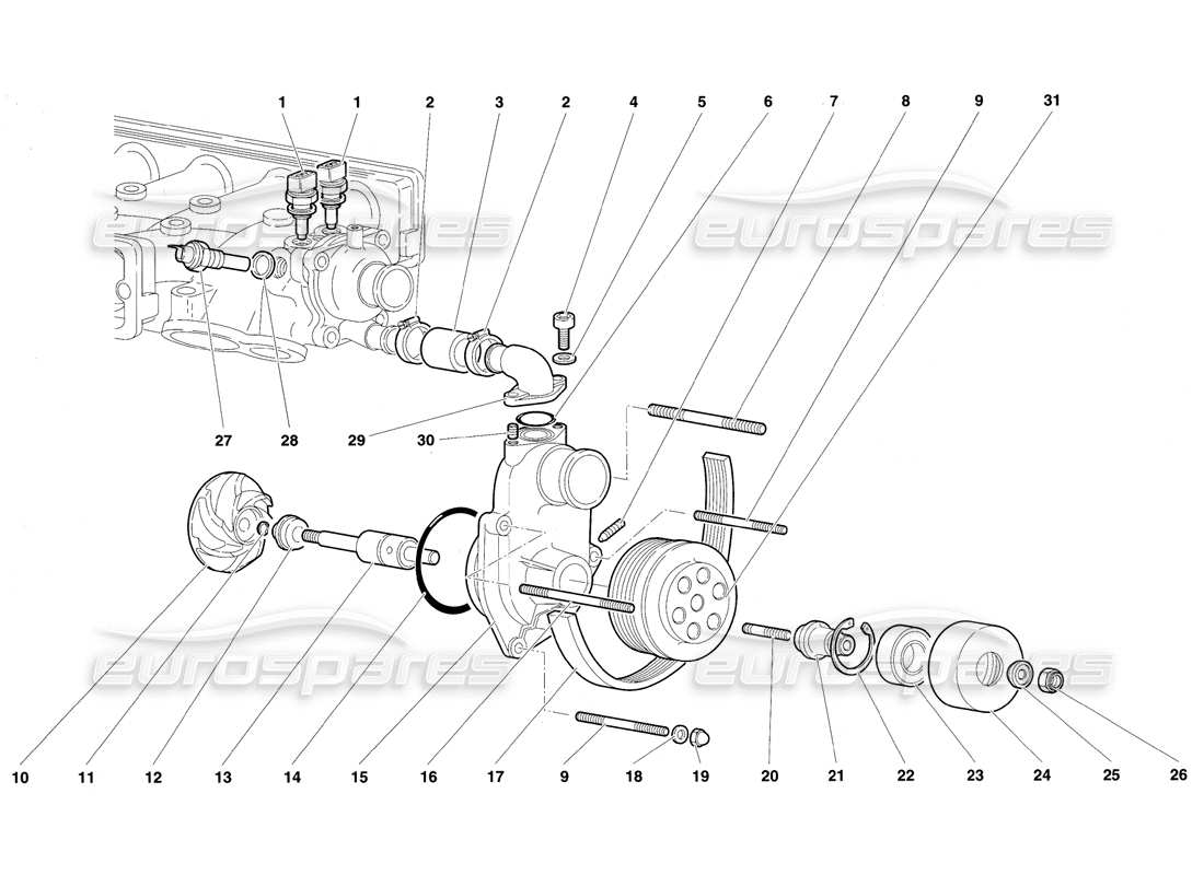 lamborghini diablo vt (1994) diagrama de piezas de la bomba de agua