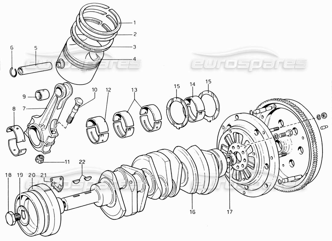 ferrari 206 gt dino (1969) diagrama de piezas del cigüeñal, bielas y pistones