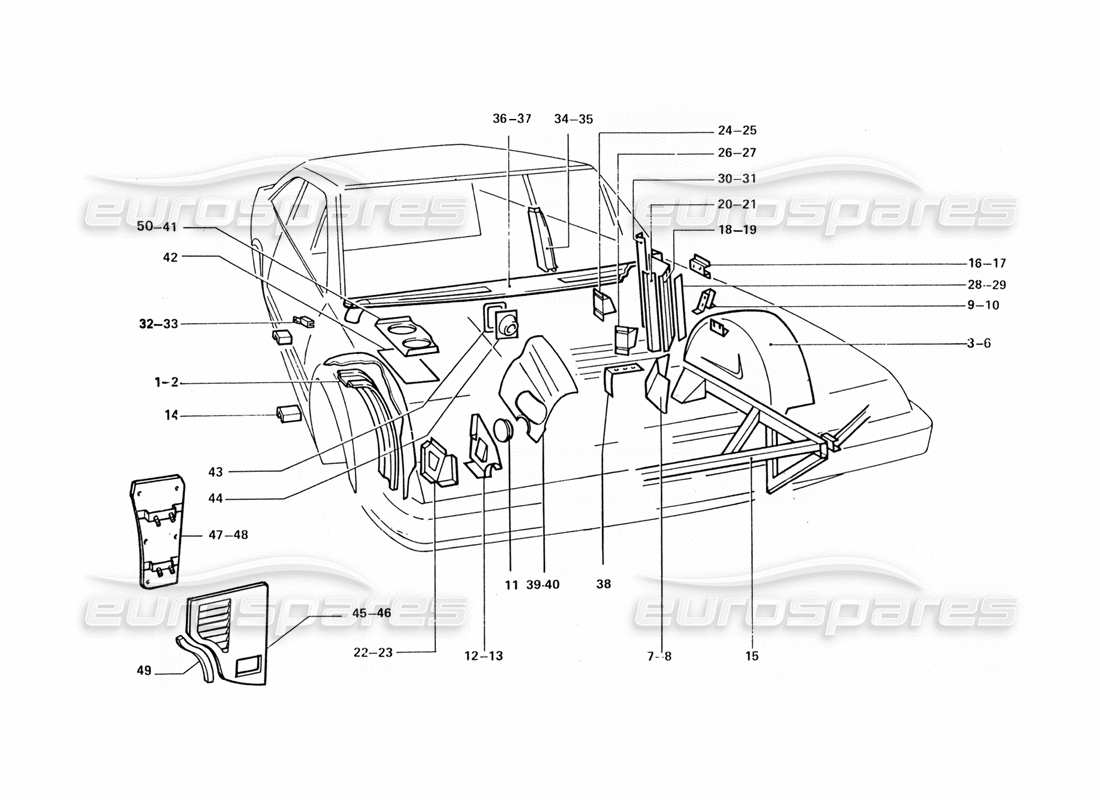 ferrari 412 (coachwork) diagrama de piezas de paneles y protectores interiores delanteros