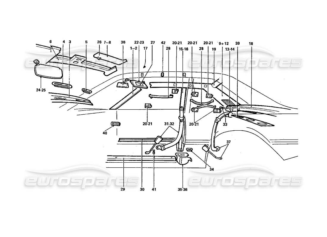 ferrari 412 (coachwork) diagrama de piezas de cinturones de seguridad y parasoles
