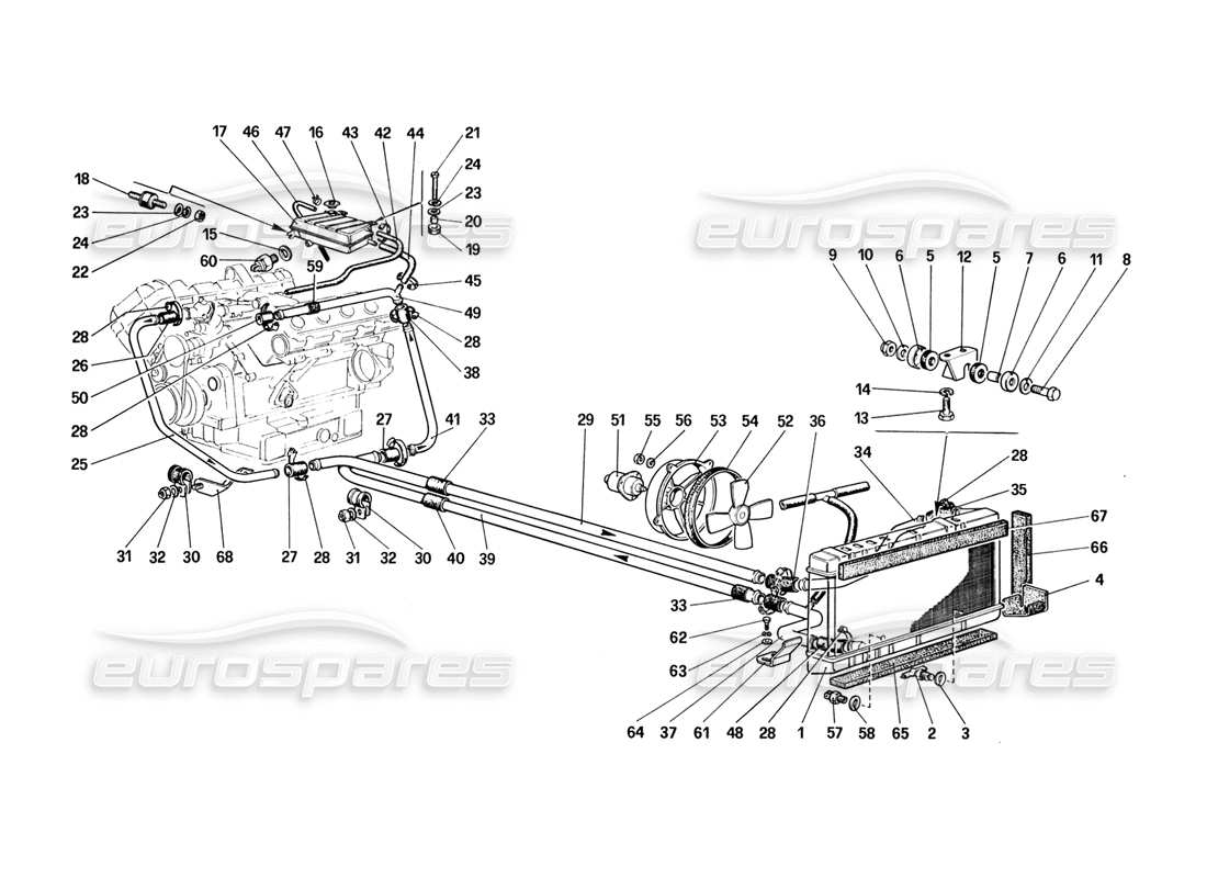 ferrari 328 (1988) diagrama de piezas del sistema de refrigeración