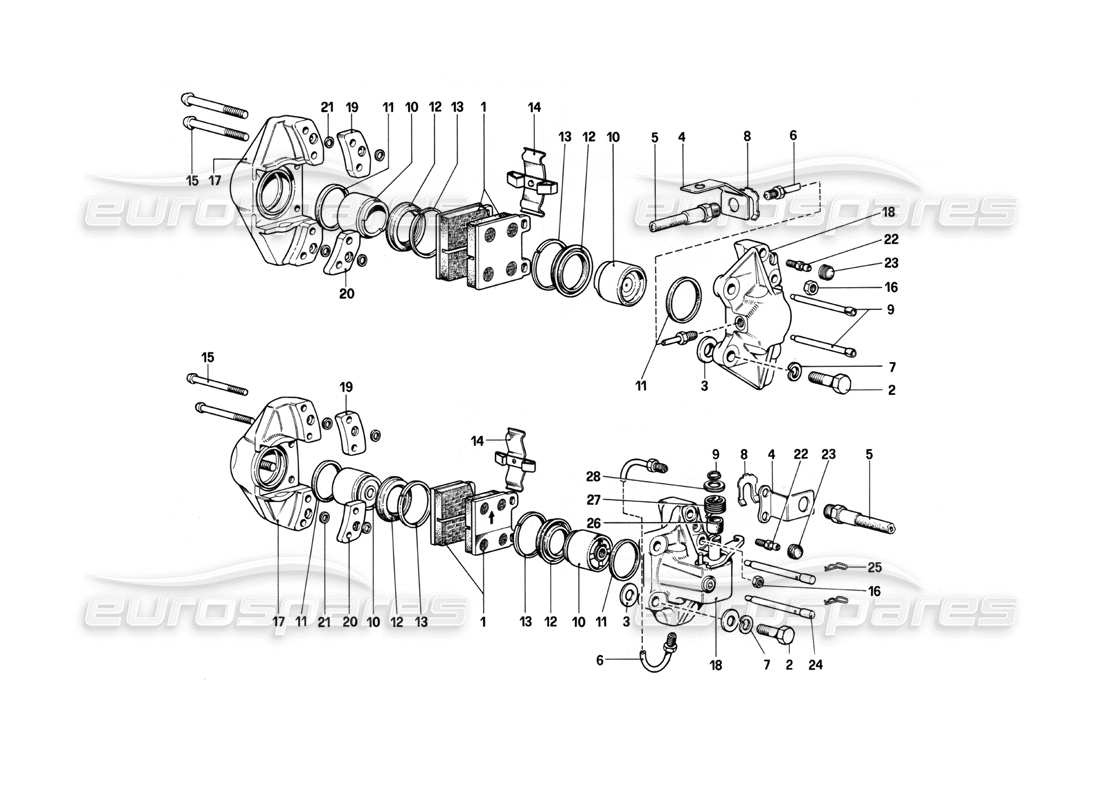 ferrari 208 turbo (1982) diagrama de piezas de pinzas para frenos delanteros y traseros