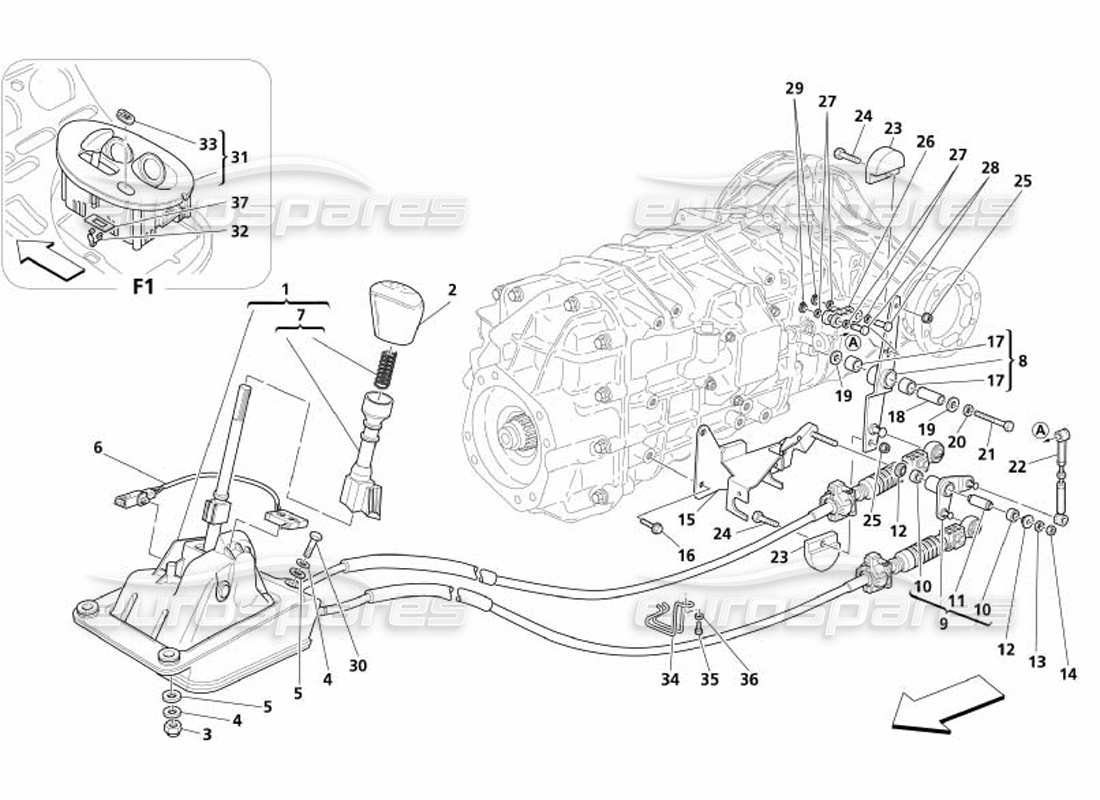 maserati 4200 coupe (2005) controles exteriores de la caja de cambios diagrama de piezas