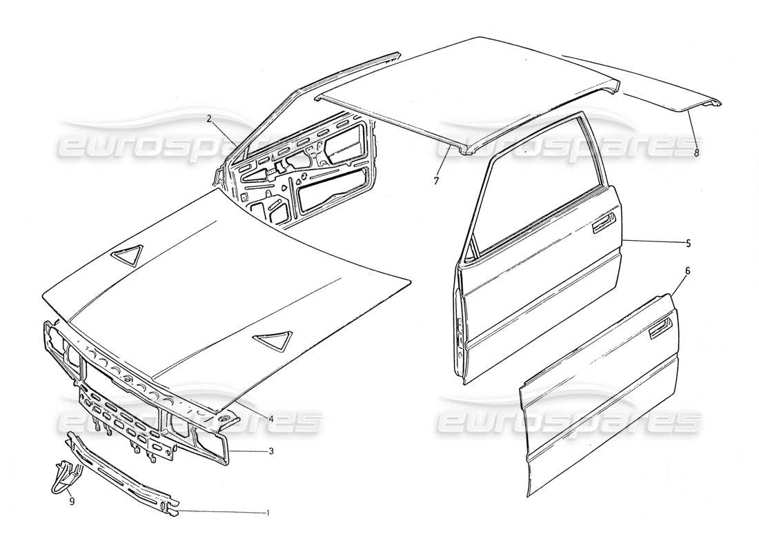 maserati 2.24v body shell: front panel, roof panel, doors, bonnet, boot lid, part diagram