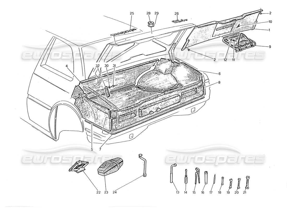 maserati 2.24v bota: diagrama de piezas de insignias, alfombras y herramientas