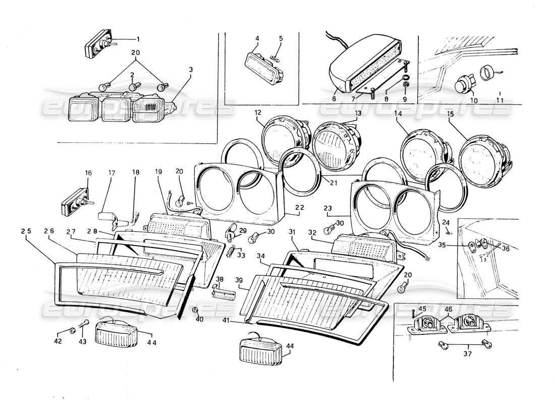 lamborghini countach 5000 qvi (1989) diagrama de piezas de faros e indicadores de dirección