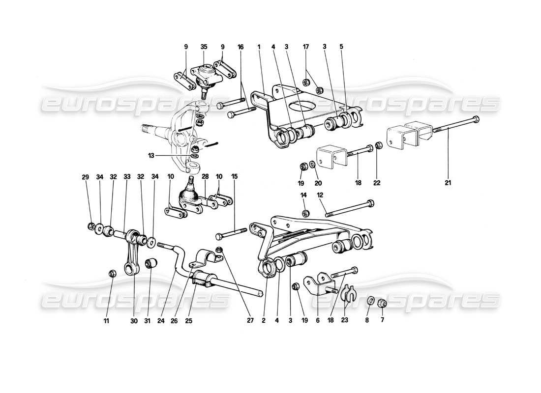 ferrari 208 turbo (1982) suspensión delantera - diagrama de piezas de horquillas