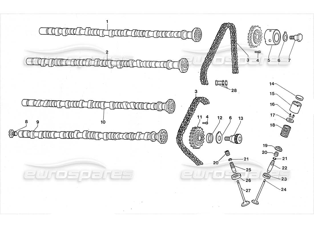 lamborghini lm002 (1988) diagrama de piezas de árboles de levas y válvulas