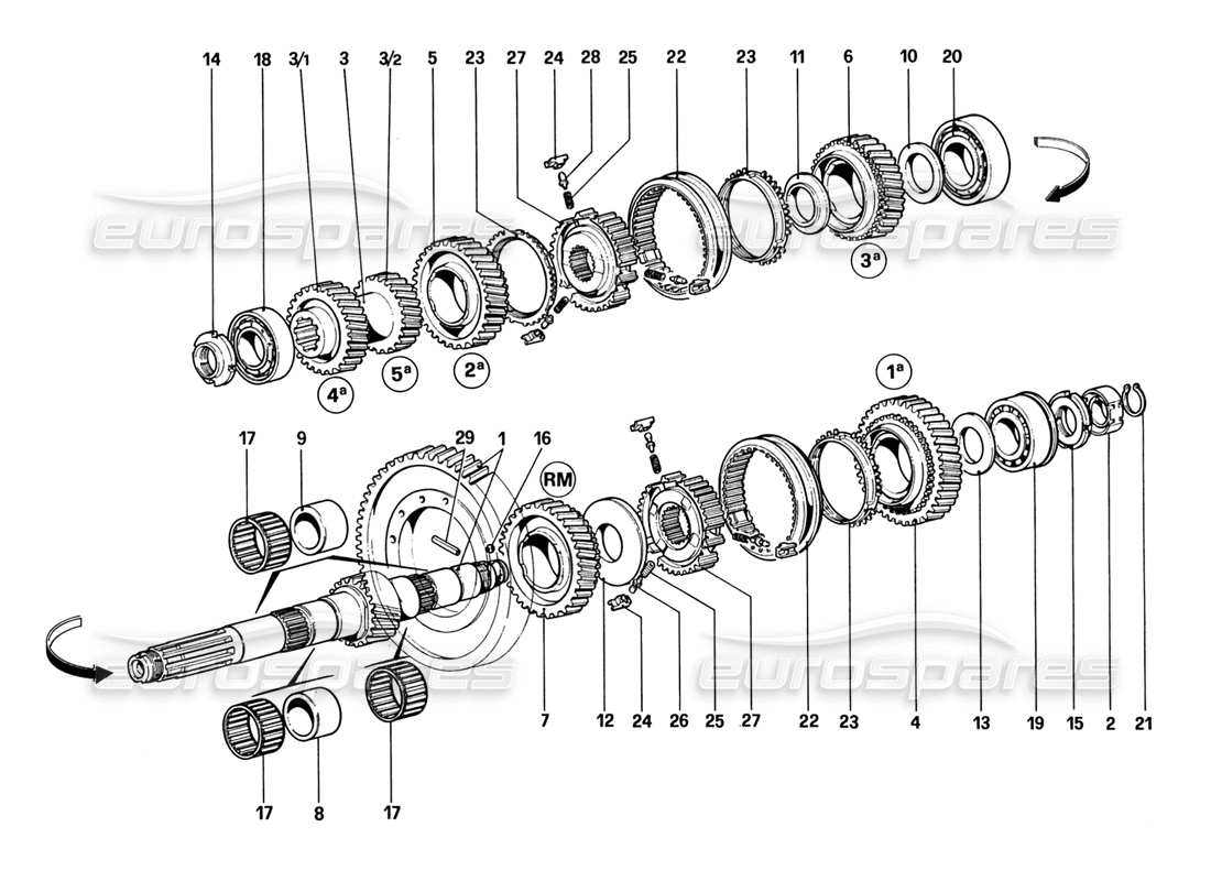 ferrari 328 (1988) diagrama de piezas de engranajes del eje de apoyo