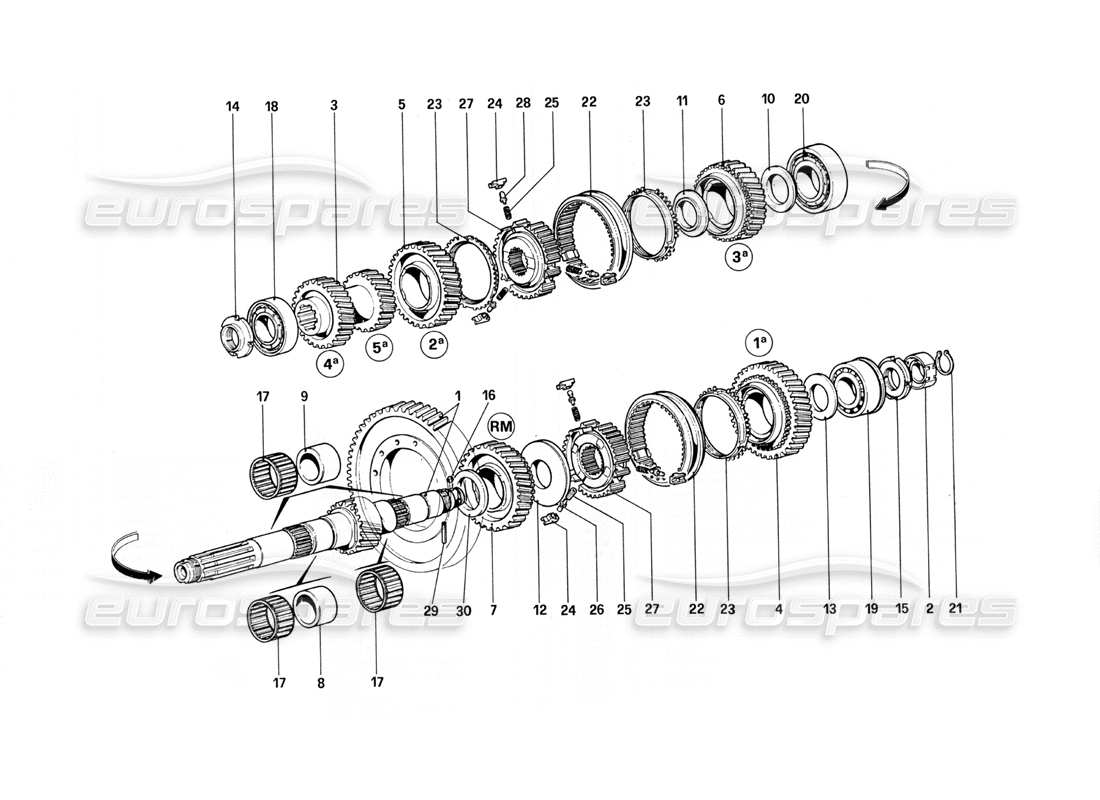 ferrari 308 quattrovalvole (1985) diagrama de piezas de engranajes del eje de apoyo