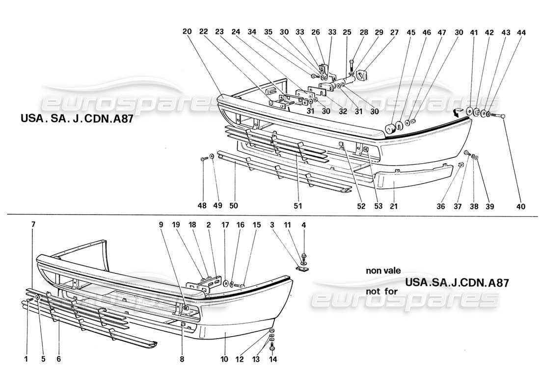 ferrari 328 (1988) diagrama de piezas de parachoques delanteros
