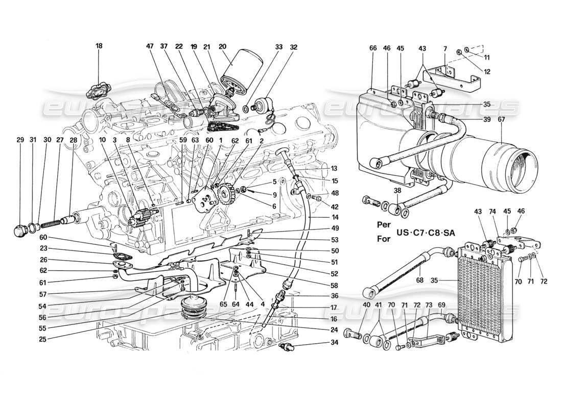 ferrari 328 (1988) diagrama de piezas del sistema de lubricación