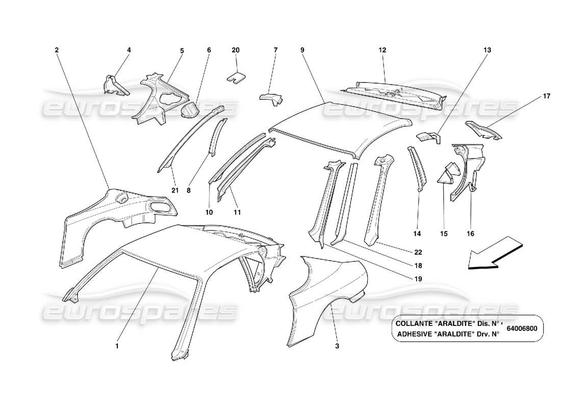 ferrari 456 gt/gta estructuras y componentes de paneles de techo diagrama de piezas