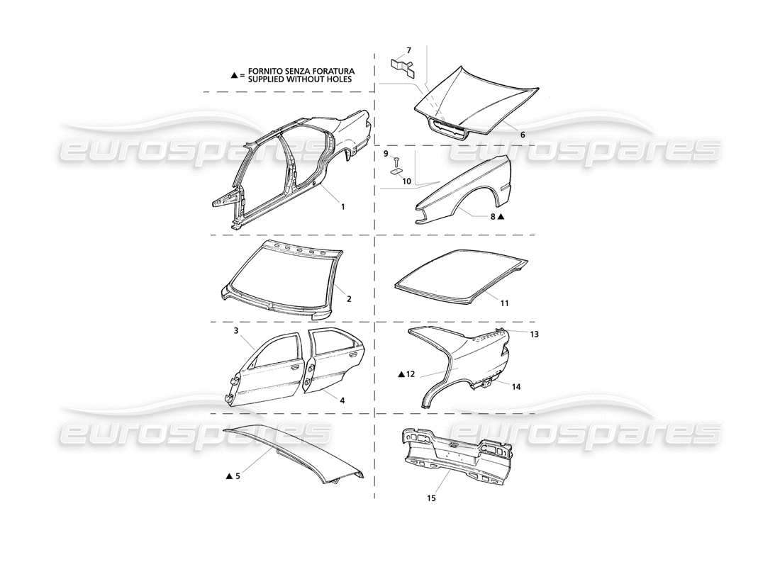 maserati qtp v8 evoluzione carrocería: diagrama de piezas del panel frontal y los pasos de rueda interiores