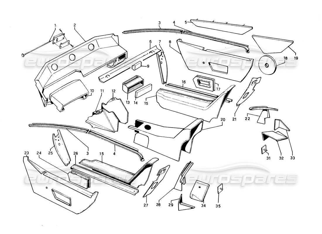 lamborghini countach 5000 qvi (1989) diagrama de piezas de revestimientos interiores