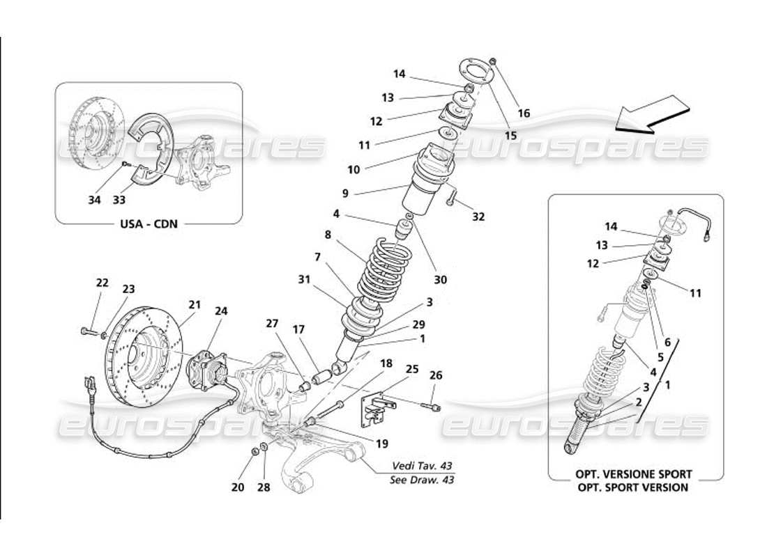maserati 4200 gransport (2005) suspensión delantera - amortiguador y disco de freno diagrama de piezas