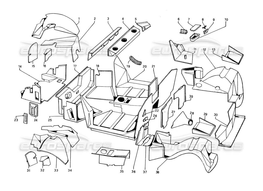 lamborghini countach 5000 qvi (1989) diagrama de piezas de revestimientos interiores de fibra de vidrio