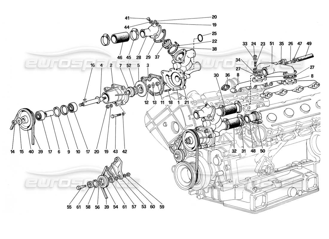 ferrari mondial 3.2 qv (1987) bomba de agua y tuberías diagrama de piezas