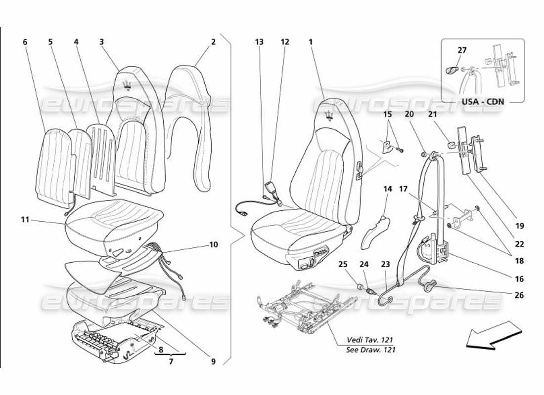 maserati 4200 coupe (2005) diagrama de piezas del asiento delantero y los cinturones de seguridad