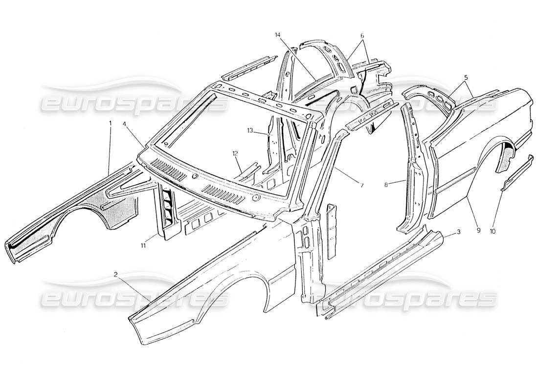 maserati karif 2.8 carrocería: diagrama de piezas de los paneles exteriores