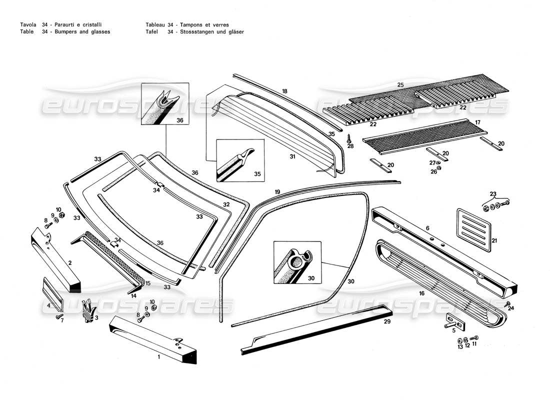 maserati merak 3.0 diagrama de piezas de parachoques y cristales