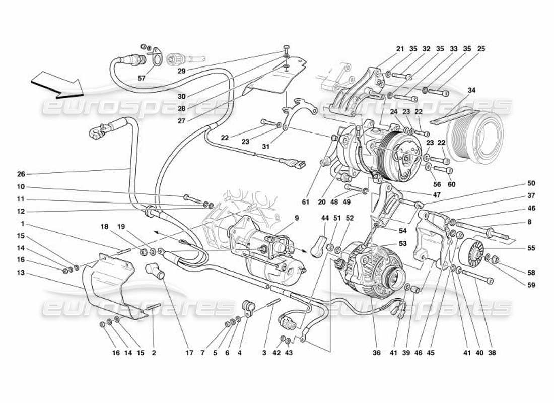 ferrari 550 barchetta diagrama de piezas del motor de arranque del alternador y del compresor de ca